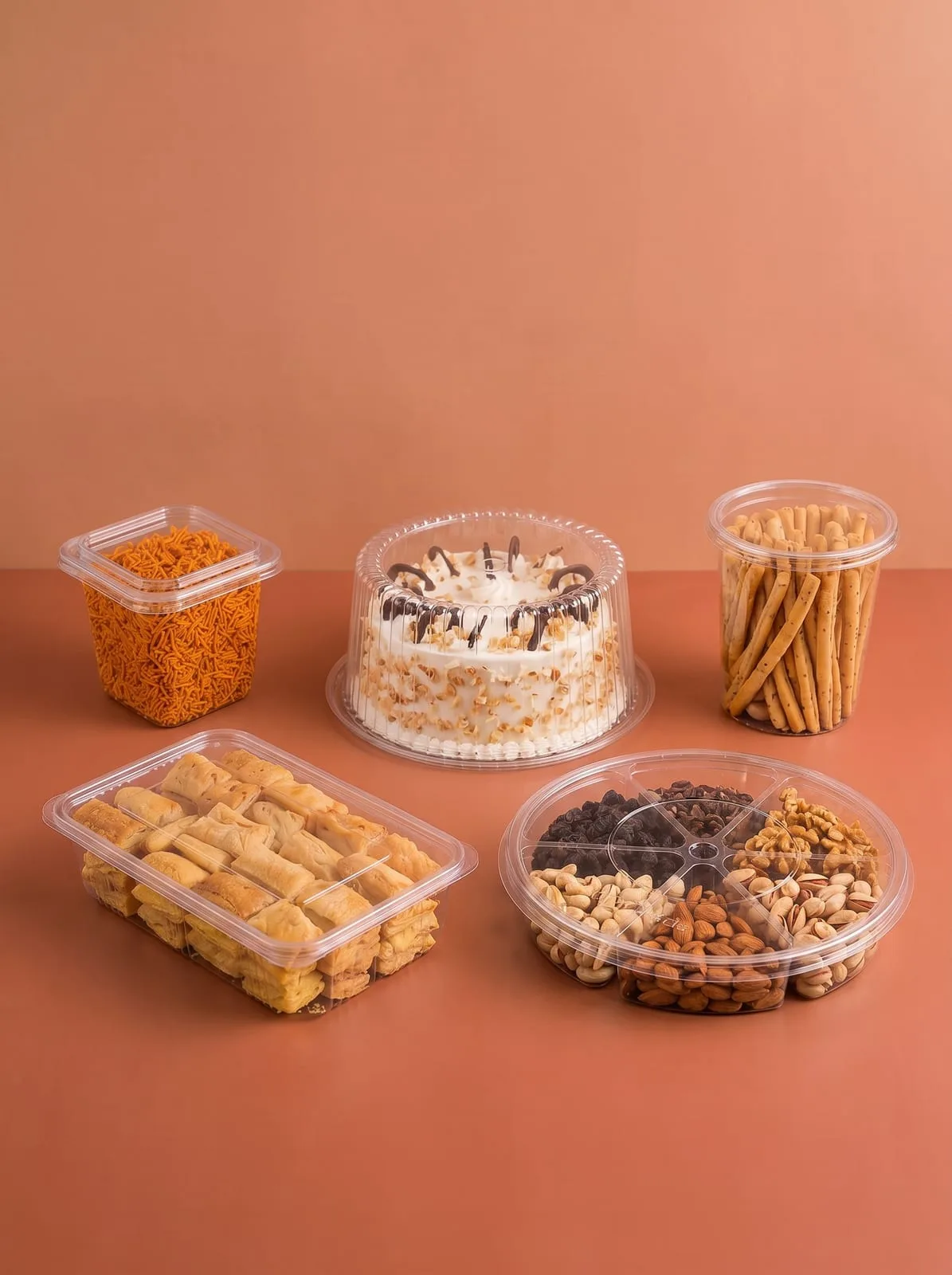 Clear Oracle PET round and square containers holding namkeen, cake, breadsticks, baklava and dry fruits