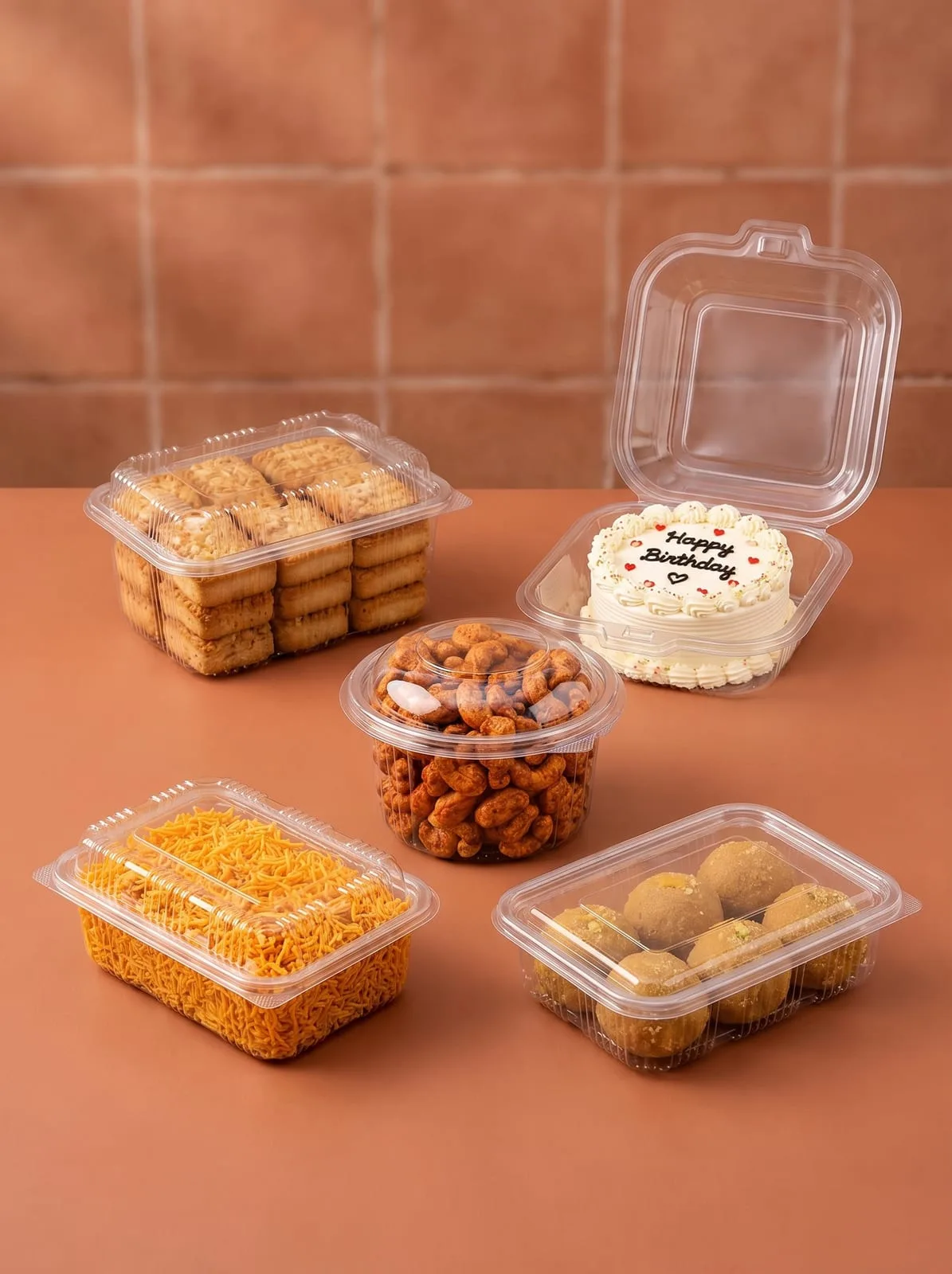 Clear Oracle PET hinged boxes holding biscuits, a birthday cake, nuts, namkeen and laddoos
