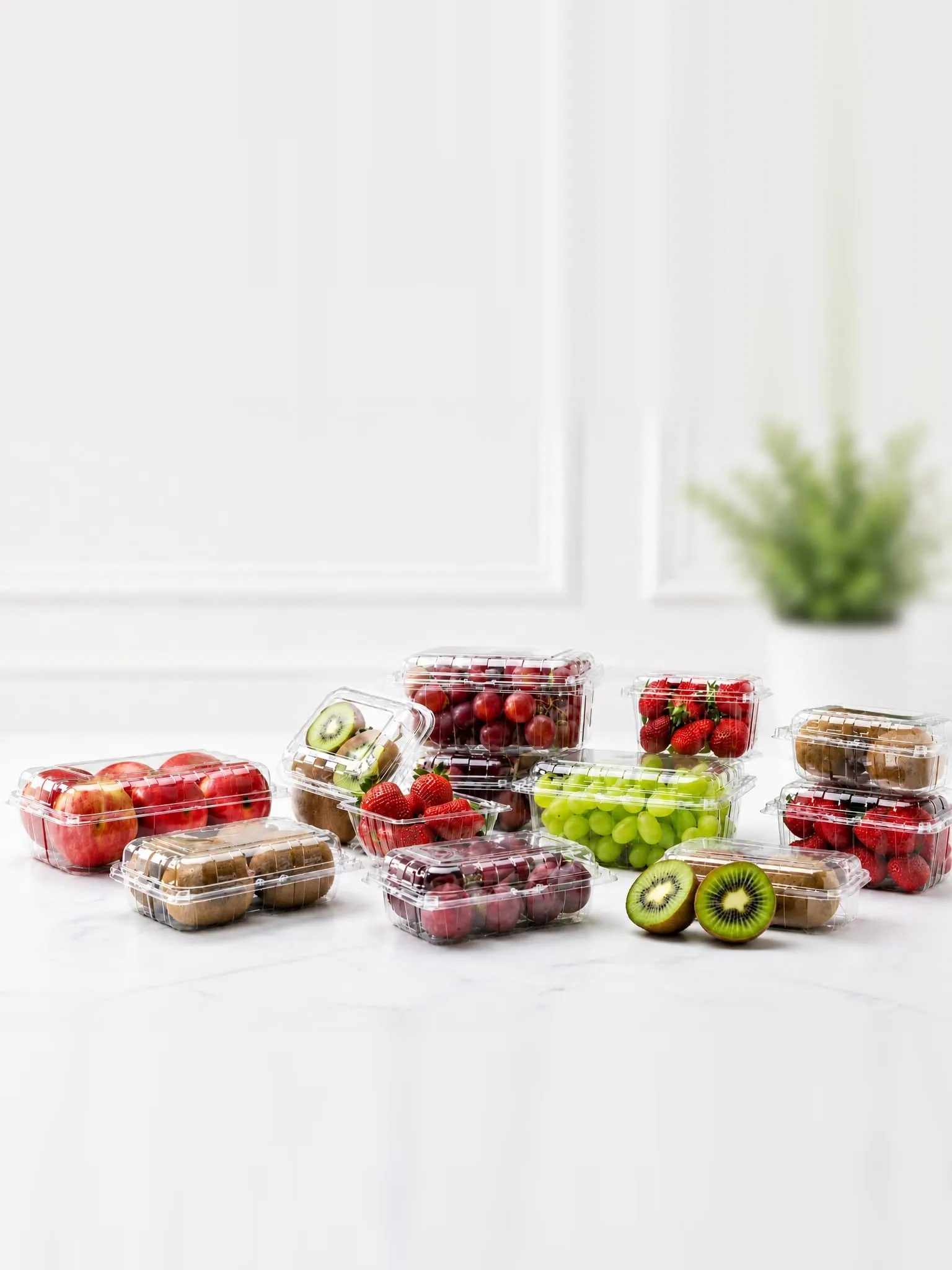 Clear Oracle PET punnets filled with strawberries, cherries, grapes, kiwi and other fruit