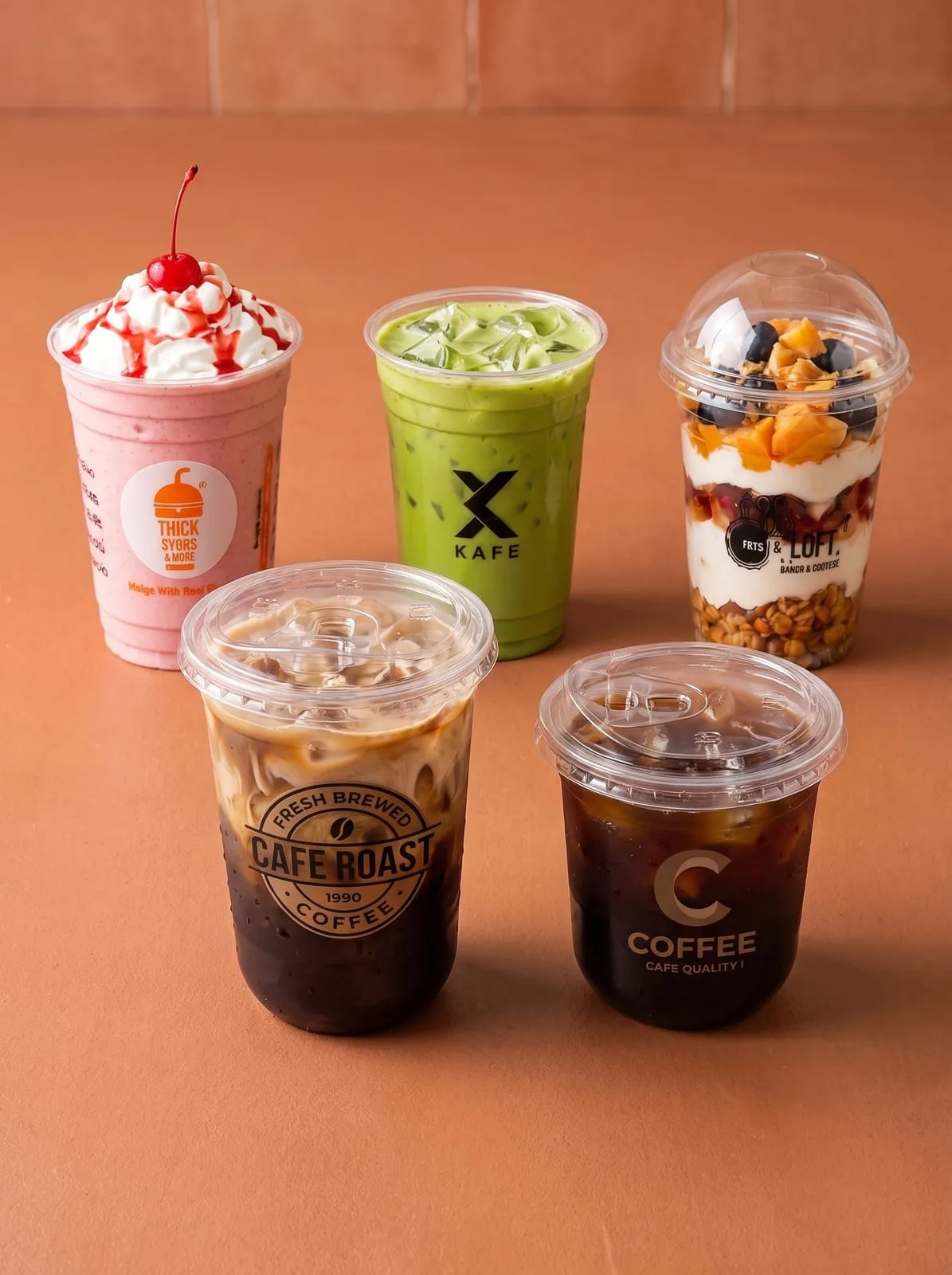 Oracle Group printed PET and PP cups holding shakes, cold coffee and a parfait
