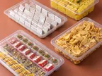 Clear Oracle PP rectangular containers holding kaju katli, dhokla, namkeen and sweets