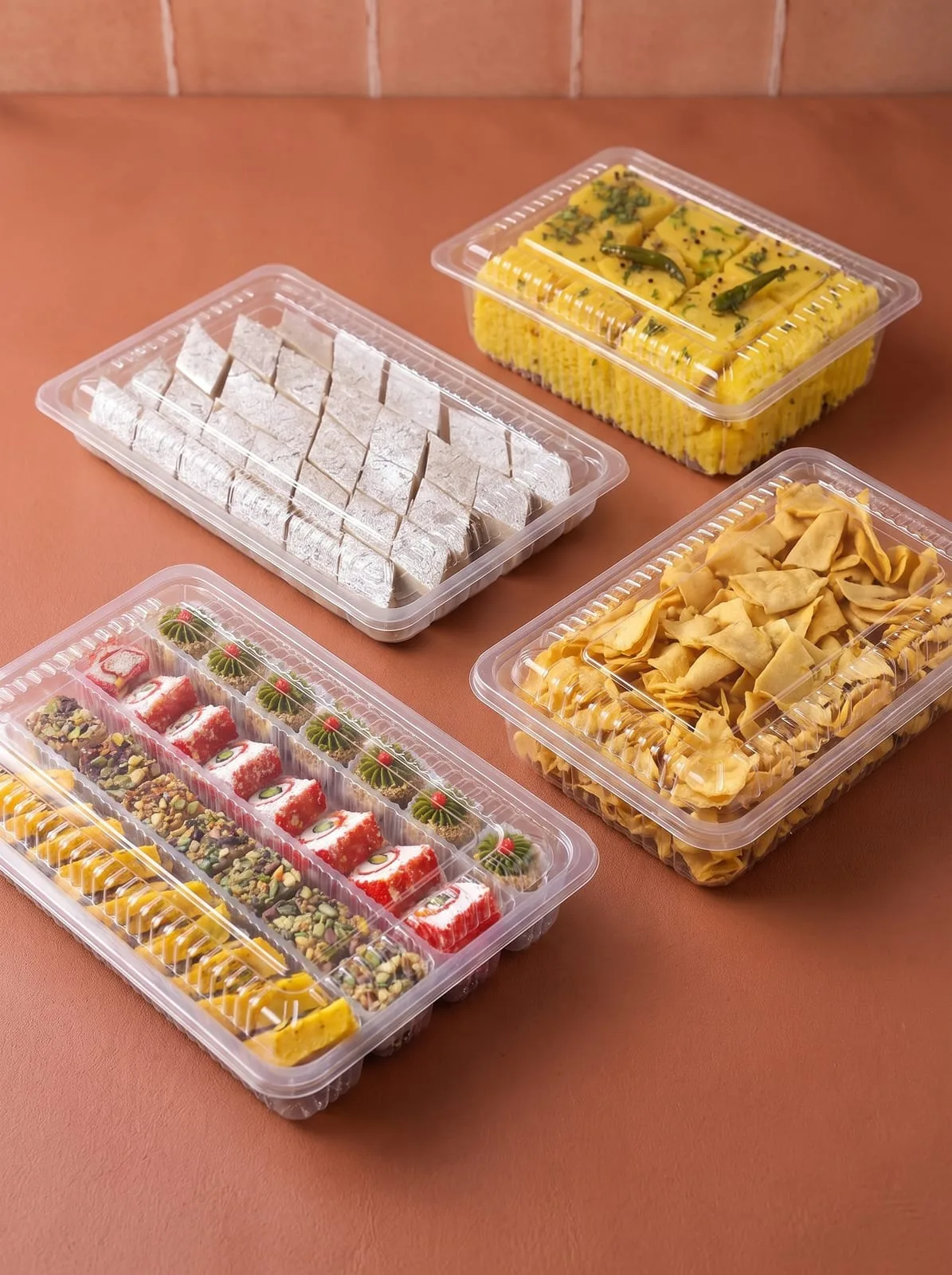 Clear Oracle PP rectangular containers holding kaju katli, dhokla, namkeen and sweets