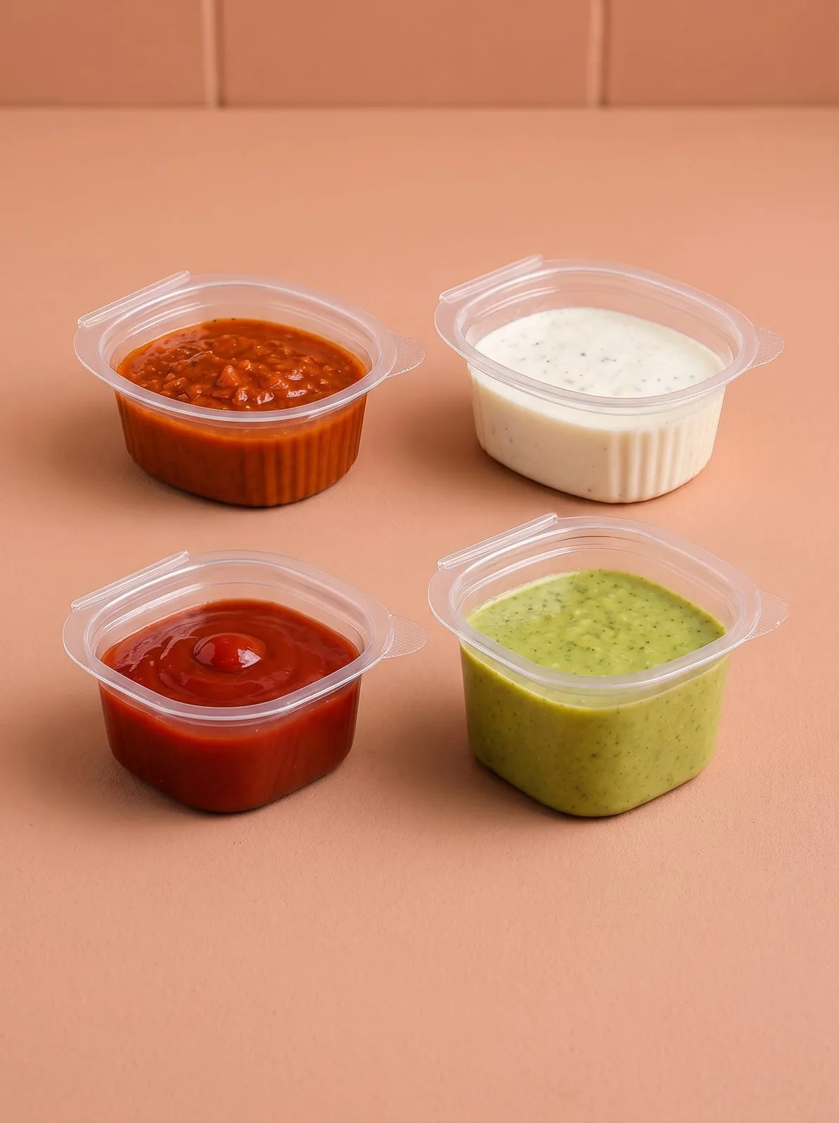 Four clear Oracle PET sauce containers holding chutneys, raita and sauce